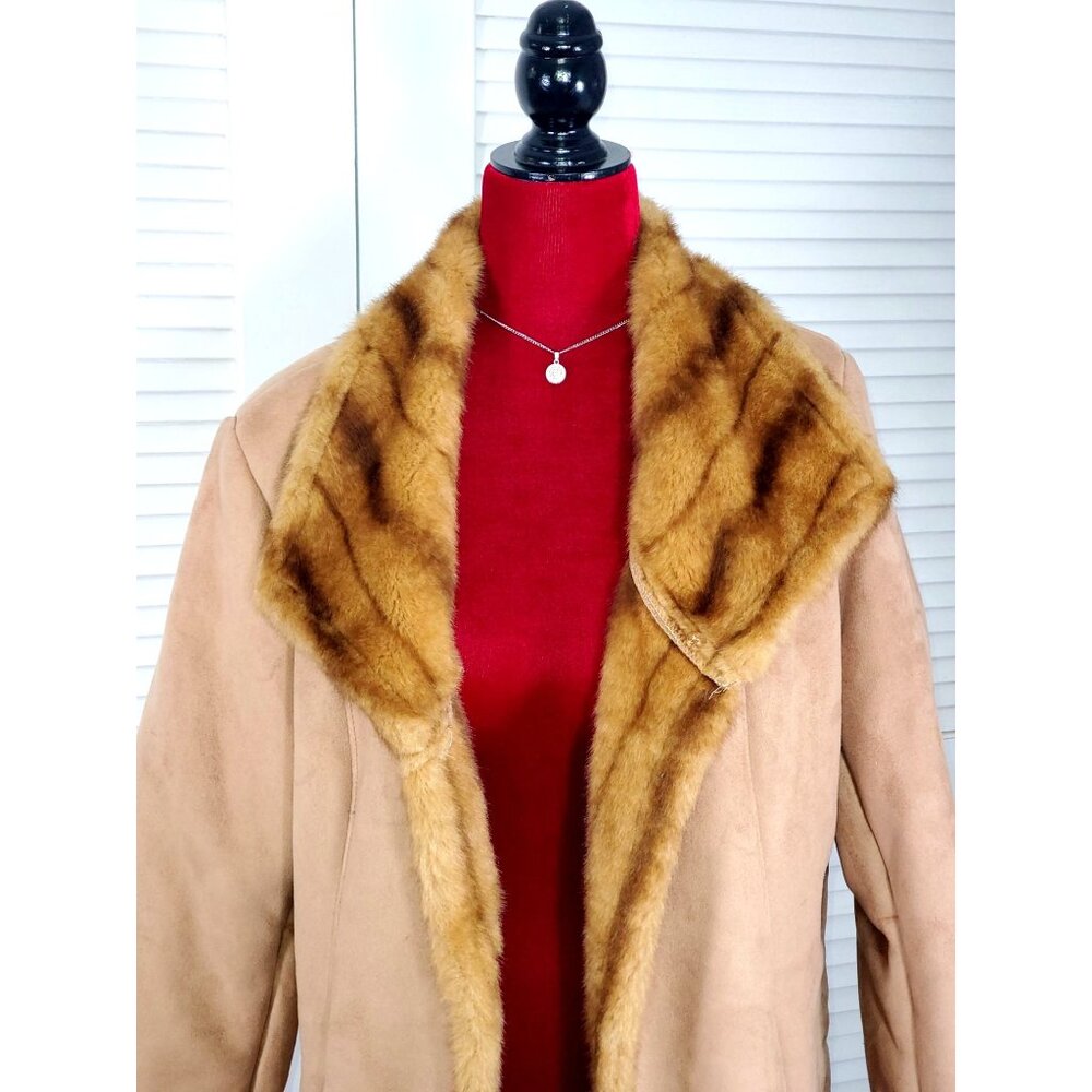NWT Jones New York Women's Tan Suede Faux Fur Lined Long Jacket Sz L 1111 - Picture 2 of 16